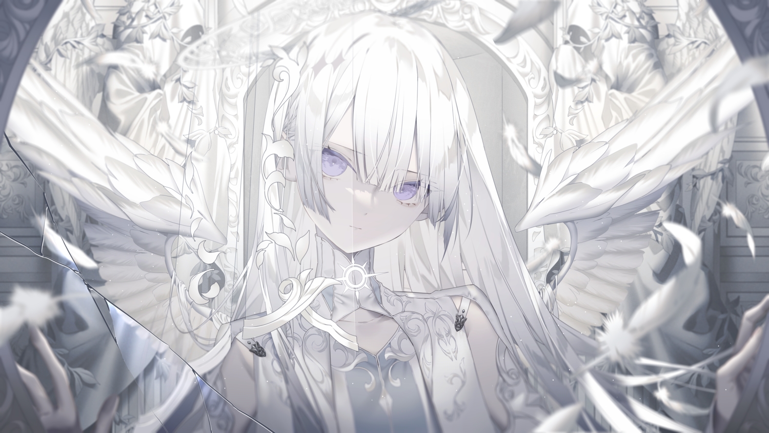 close, feathers, flat_chest, kotarou_(kot_mochi), original, polychromatic, purple_eyes, white_hair