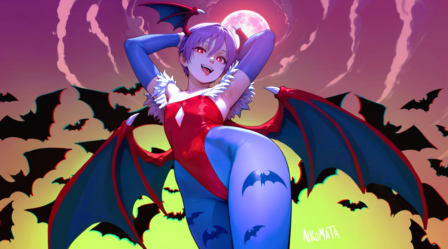 aikomata, cameltoe, darkstalkers, demon, erect_nipples, fang, lilith_aensland, moon