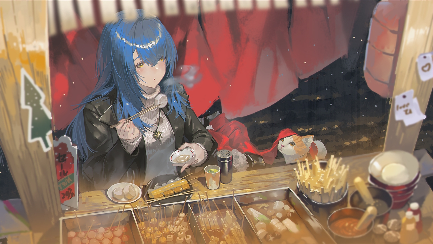 animal, blue_hair, cat, christmas, drink, food, long_hair, necklace, night, original, winter, xleontan, yellow_eyes