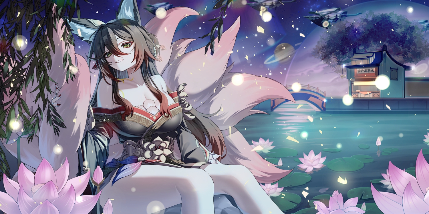 airship, animal_ears, black_hair, breasts, building, cleavage, dress, flowers