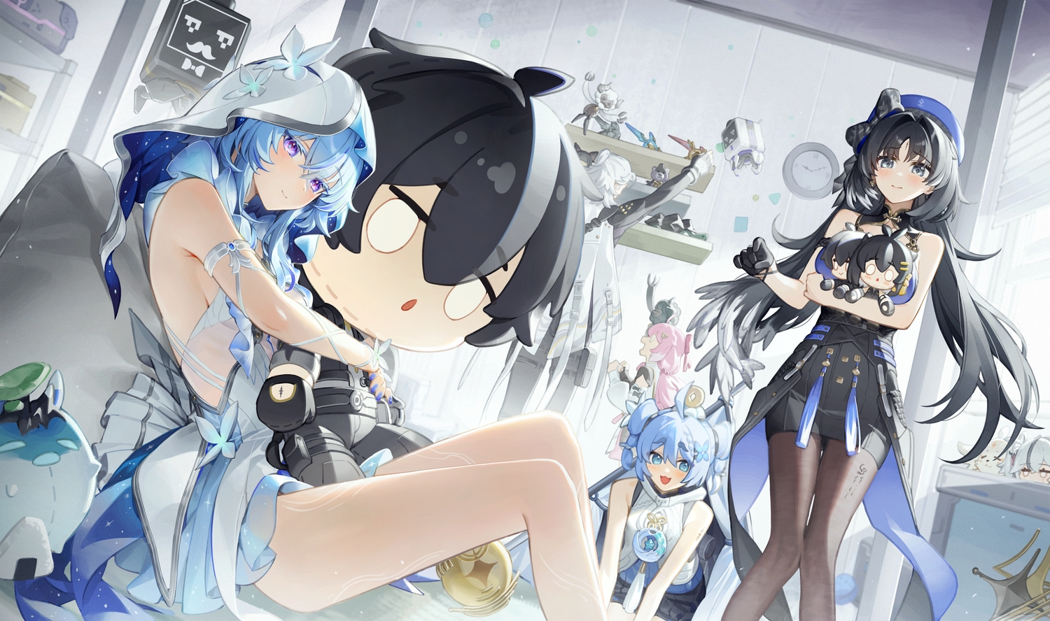 aalto_(wuthering_waves), aqua_eyes, black_eyes, black_hair, blue_hair, blush, bow, cat_smile, chinese_clothes, dl_(dl_6ix), doll, dress, encore_(wuthering_waves), fang, female_rover_(wuthering_waves), garter, gloves, gray_hair, group, hat, headdress, hood, hug, loli, long_hair, male, pantyhose, pink_hair, ponytail, purple_eyes, robot, see_through, shorekeeper_(wuthering_waves), short_hair, shorts, twintails, wristwear, wuthering_waves, yangyang_(wuthering_waves), youhu_(wuthering_waves)
