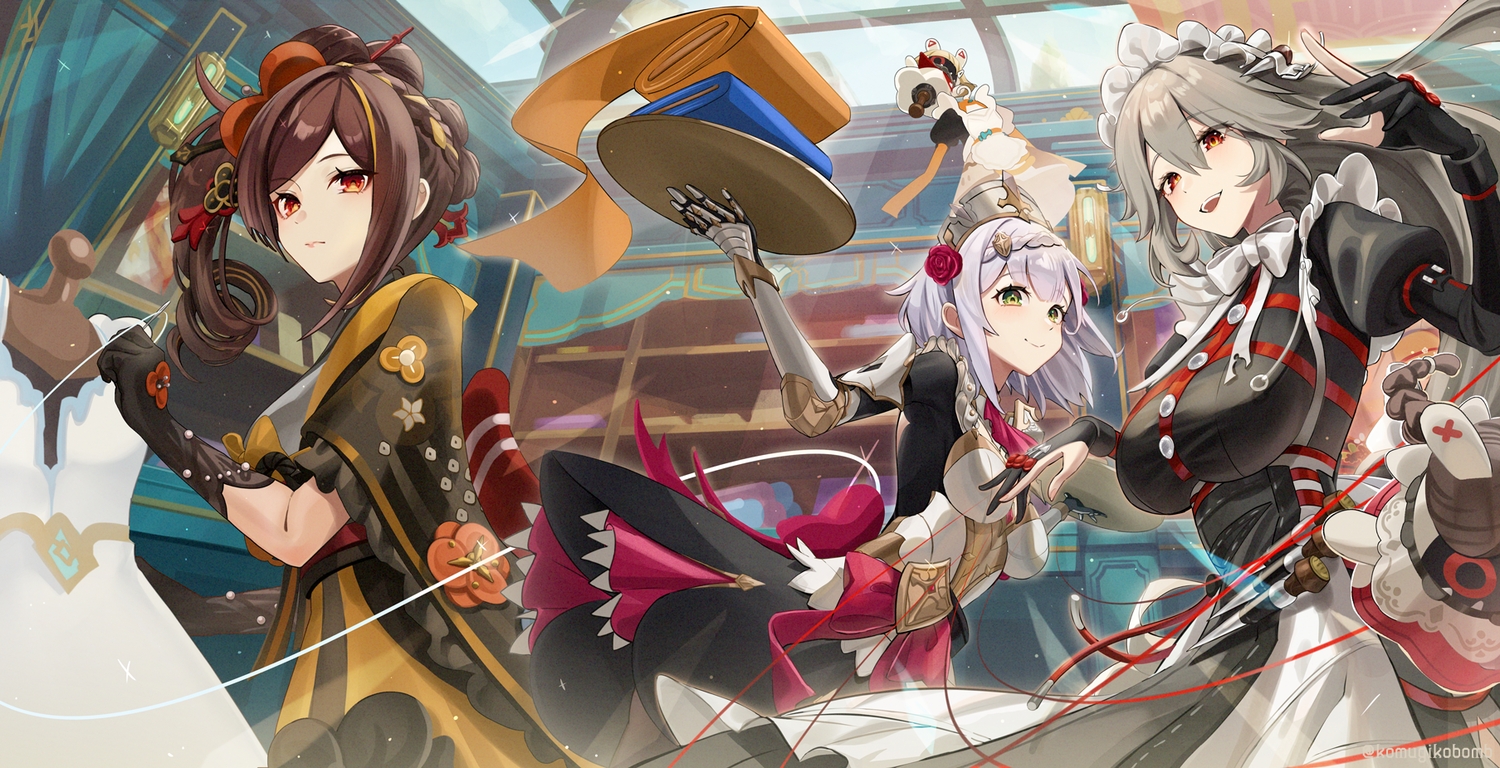alexandrina_sebastiane, armor, bow, braids, brown_hair, chiori_(genshin_impact), crossover, dress