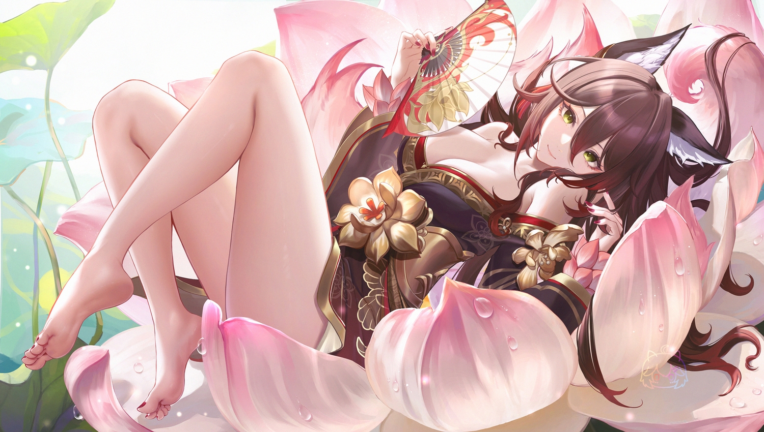 animal_ears, barefoot, breasts, brown_hair, cleavage, dress, fan, flowers, foxgirl, green_eyes, honkai_(series), honkai:_star_rail, japanese_clothes, kimono, leaves, liu_liaoliao, long_hair, multiple_tails, tail, tingyun_(honkai:_star_rail), water