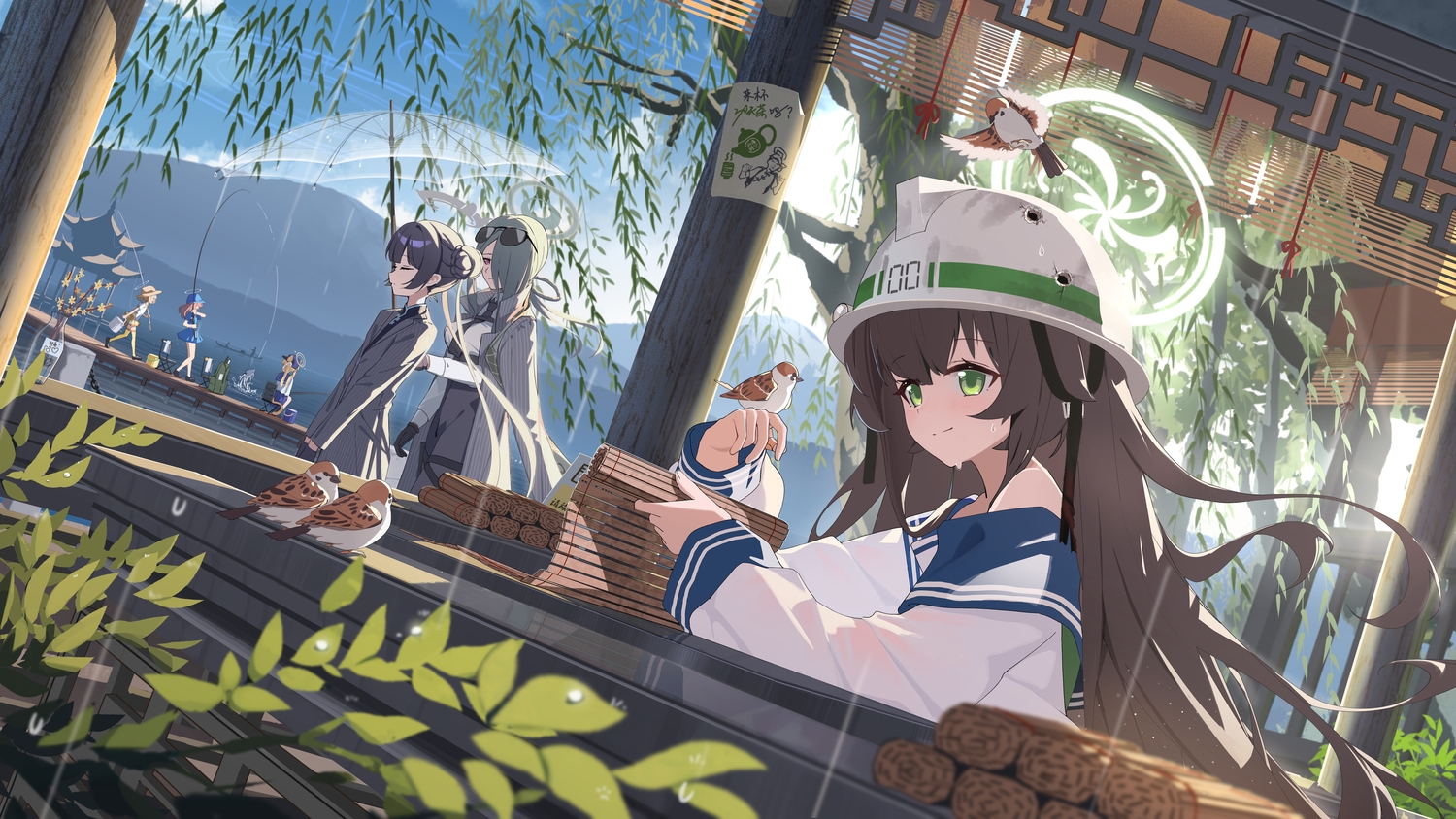 animal, animal_ears, bird, black_hair, blonde_hair, blue_archive, brown_hair, cape, catgirl, chinese_clothes, chinese_dress, clouds, dress, fish, garter, gloves, green_eyes, green_hair, group, halo, hat, konoe_mina, leaves, long_hair, original, paper, pink_eyes, pink_hair, rain, ryuuge_kisaki, school_uniform, shanhaijing_secondary_school_student_(blue_archive), shirt, short_hair, sky, suit, sunglasses, tagme_(character), tail, thighhighs, tie, tree, twintails, umbrella, water, xintianou, zettai_ryouiki