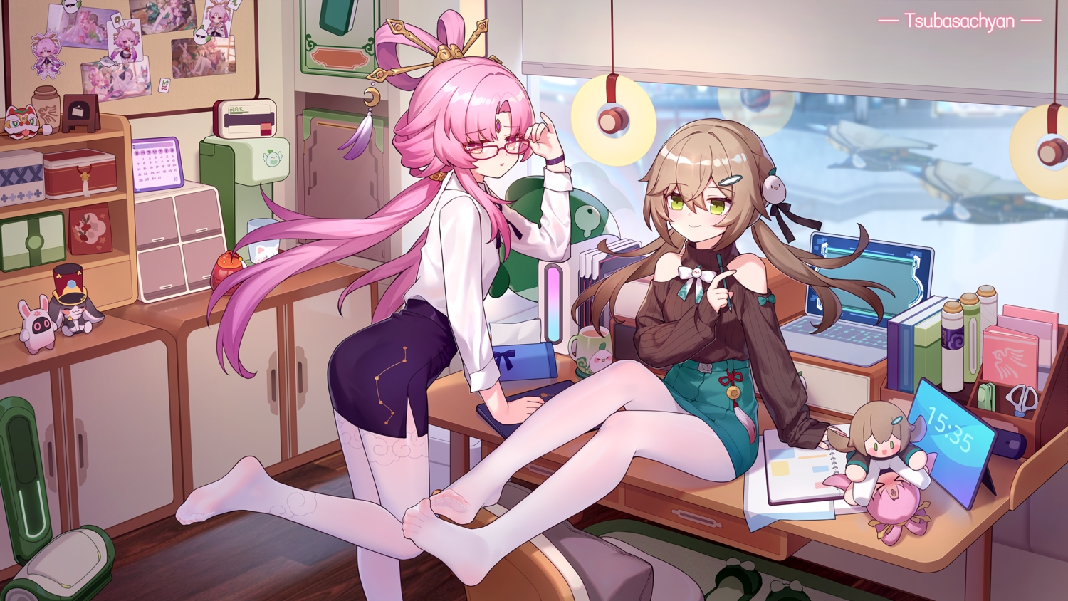 2girls, ass, book, bow, brown_hair, computer, doll, drink