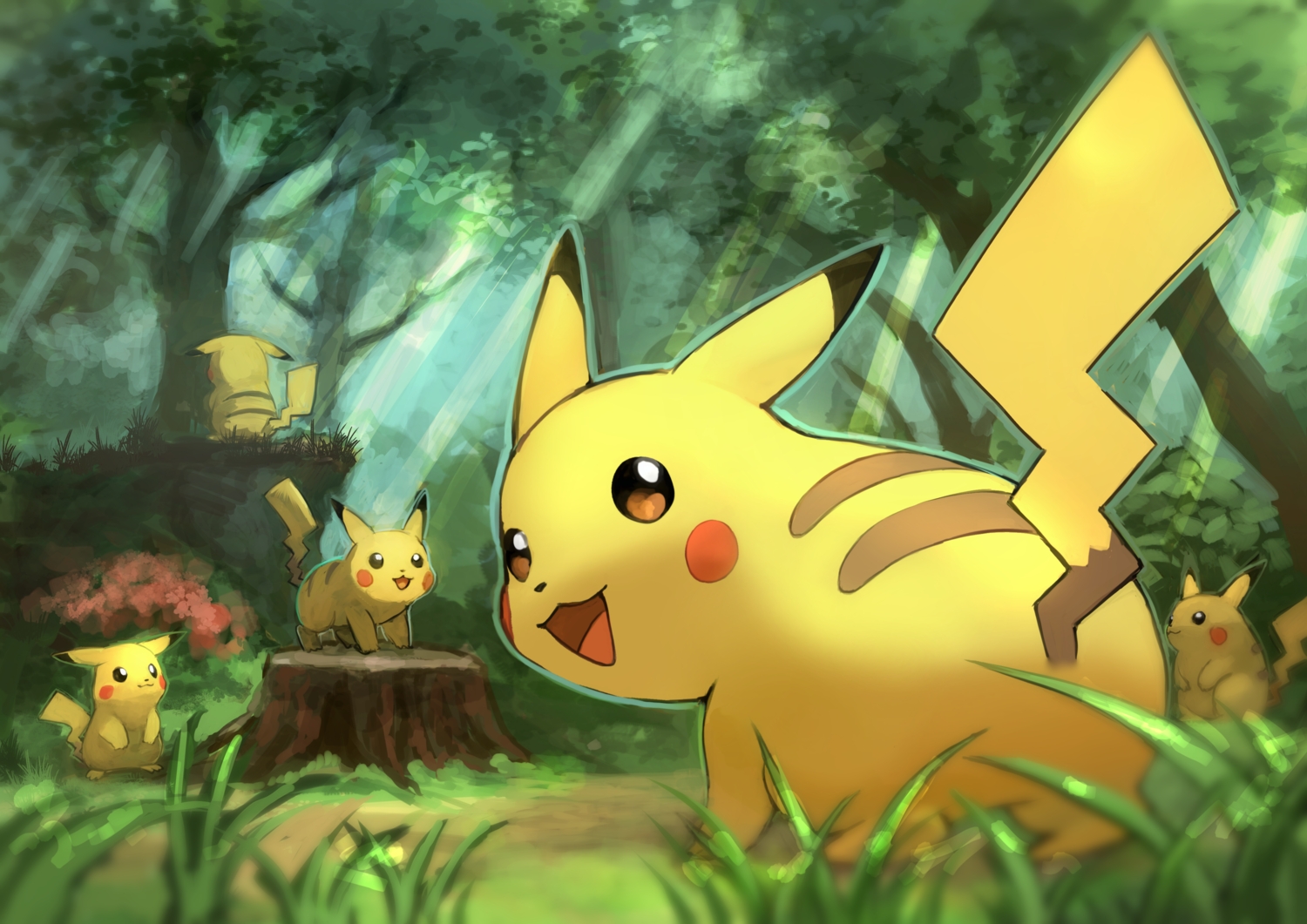 brown_eyes, cat_smile, day_walker1117, forest, grass, group, no_humans, pikachu