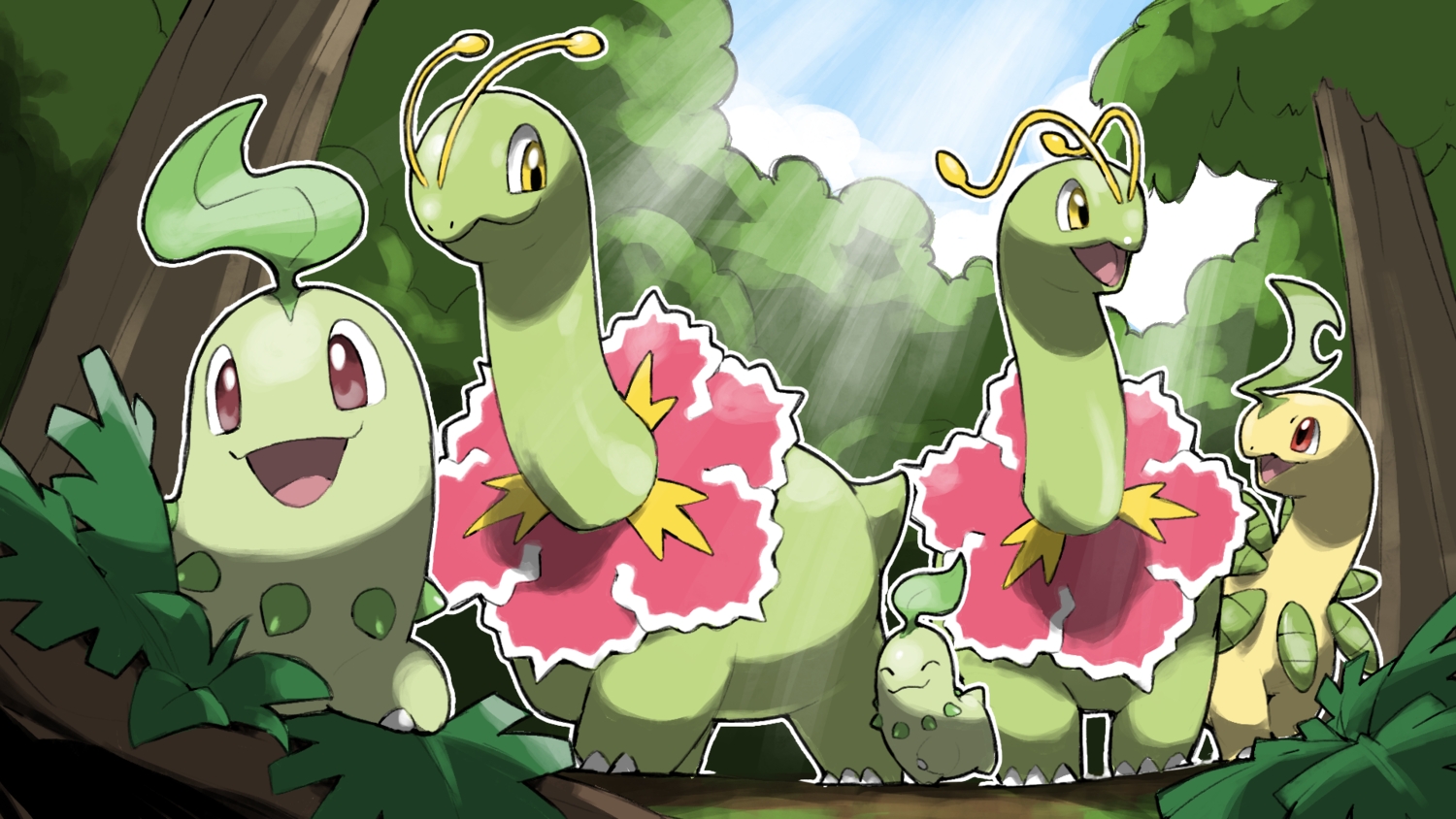 bayleef, blacknirrow, chikorita, clouds, flowers, forest, group, leaves, meganium, no_humans, pokemon, red_eyes, sky, tree, yellow_eyes
