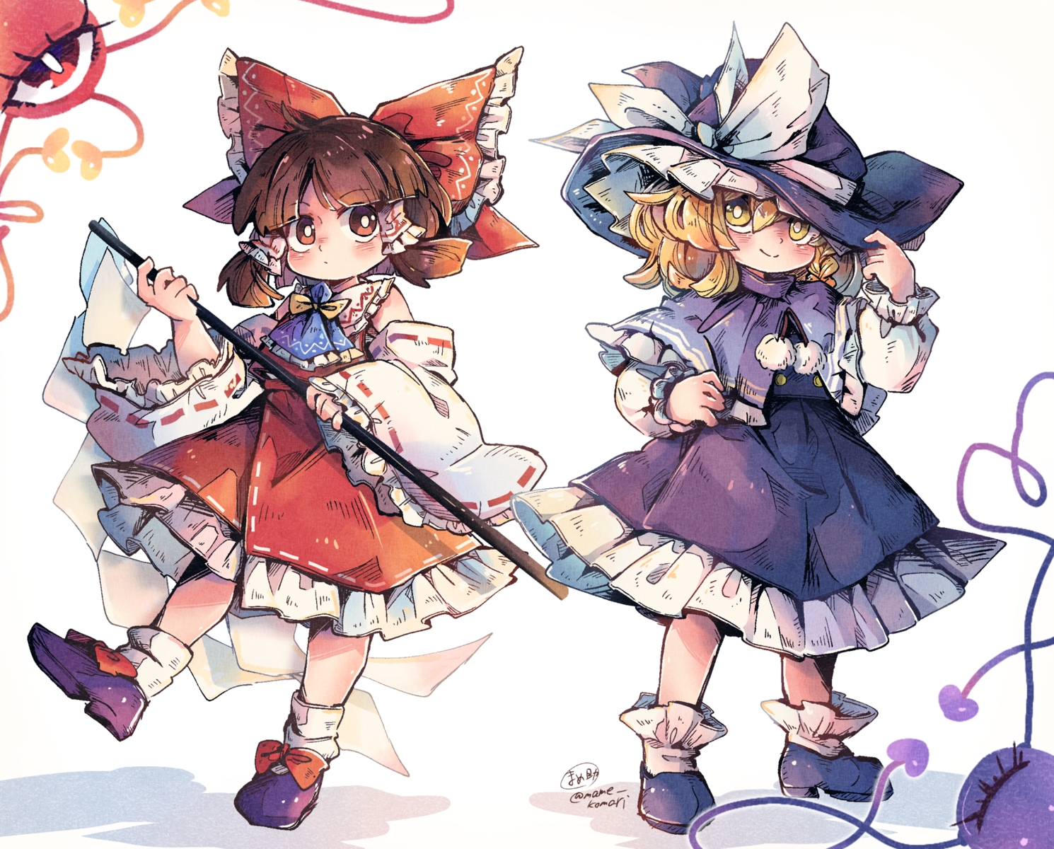 2girls, blonde_hair, blush, bow, brown_hair, cape, dress, hakurei_reimu