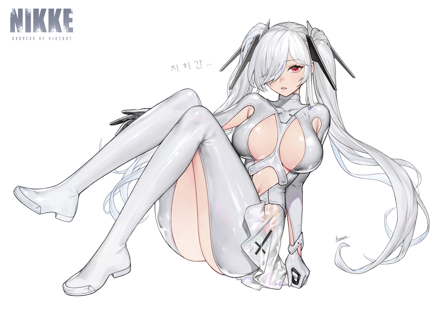 blush, bodysuit, boots, breasts, cinderella_(nikke), gloves, goddess_of_victory:_nikke, gray_hair