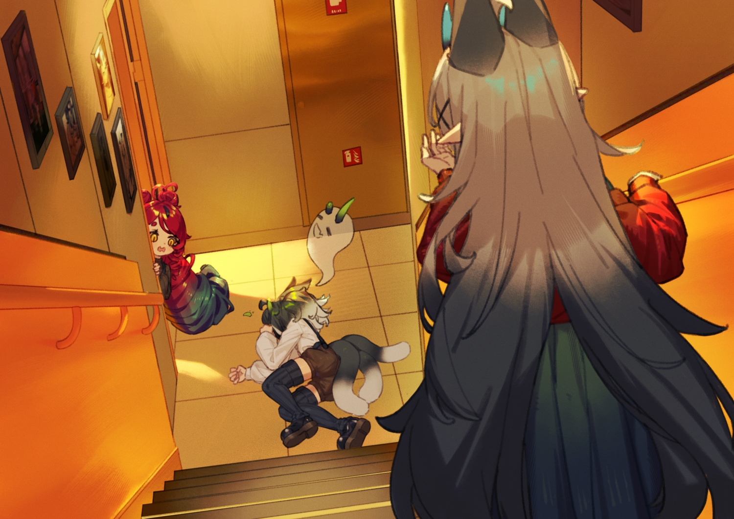 animal_ears, black_hair, catgirl, horns, loli, long_hair, mosou_keito, multiple_tails