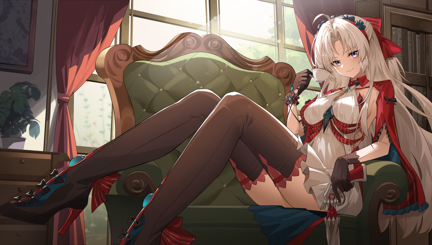 book, boots, bow, carlotta_(wuthering_waves), choker, dress, drink, gloves, gray_hair, gun, headband, laosi_j, long_hair, purple_eyes, thighhighs, weapon, wristwear, wuthering_waves