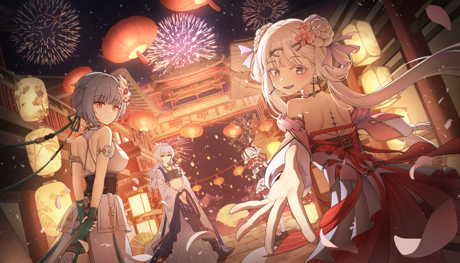 blue_hair, building, camellya_(wuthering_waves), chinese_clothes, corset, dress, fan, fireworks