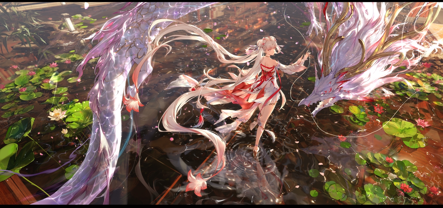 braids, dragon, dress, flowers, garter, gray_hair, jinhsi_(wuthering_waves), jue_(wuthering_waves), leaves, long_hair, necklace, purple_eyes, reflection, swd3e2, tattoo, water, wuthering_waves