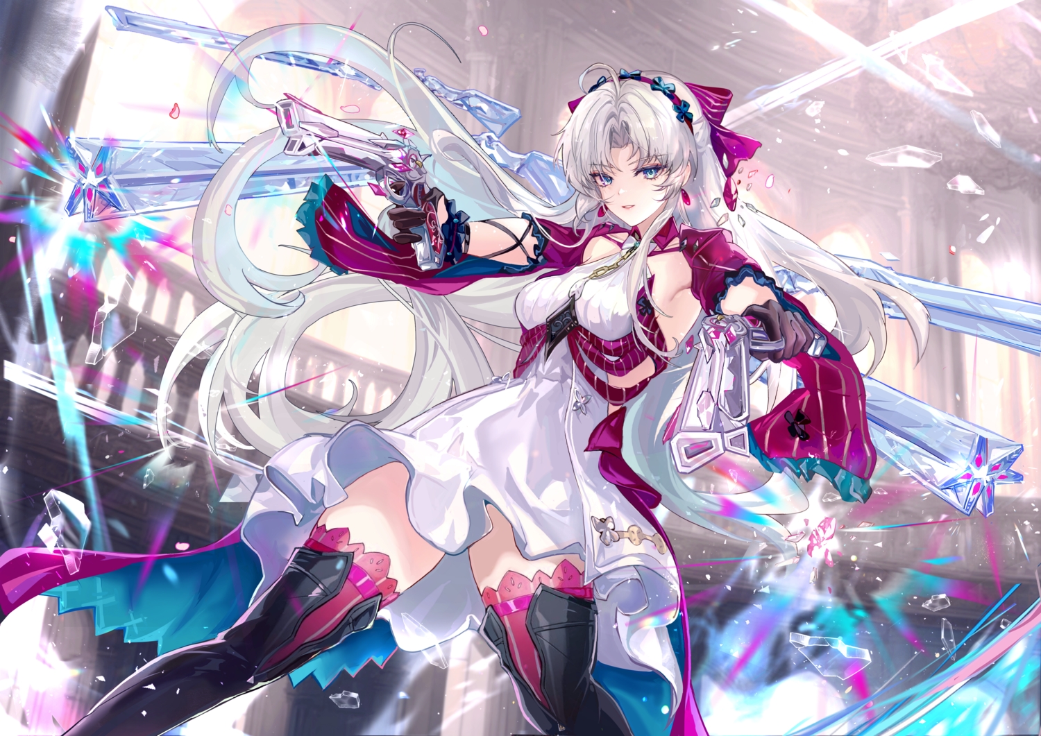 aqua_eyes, boots, bow, carlotta_(wuthering_waves), dress, gloves, gray_hair, gun