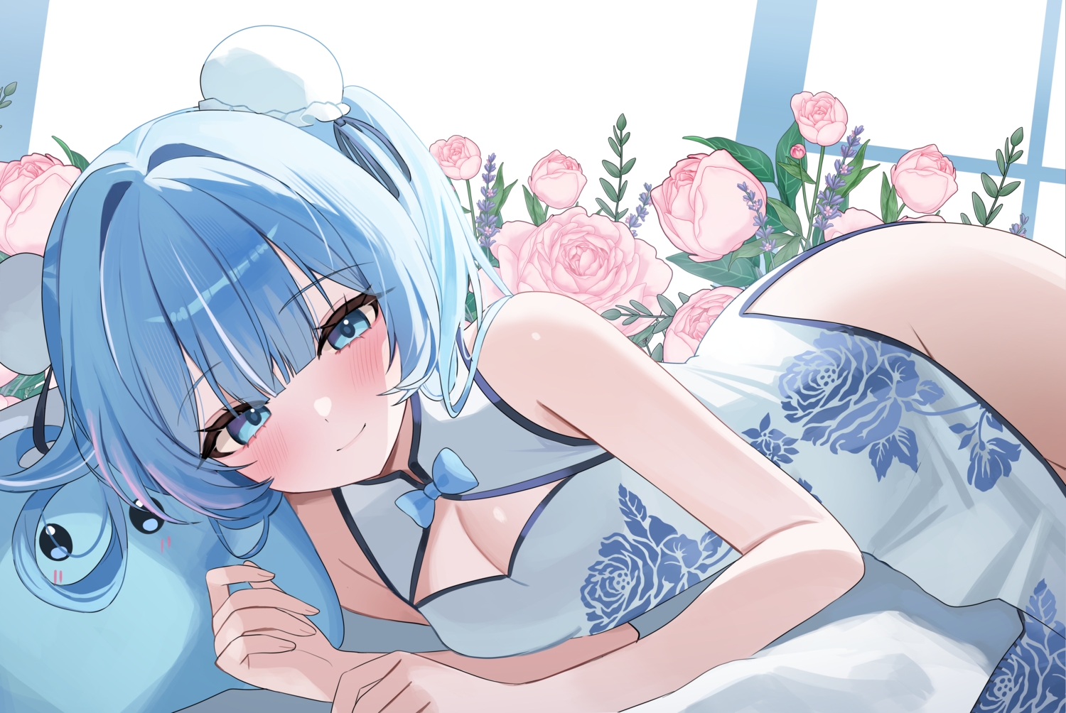 arahashi_tabi, blue_eyes, blue_hair, blush, breasts, chinese_clothes, chinese_dress, cleavage, close, dress, flowers, long_hair, nannung, stellive, twintails