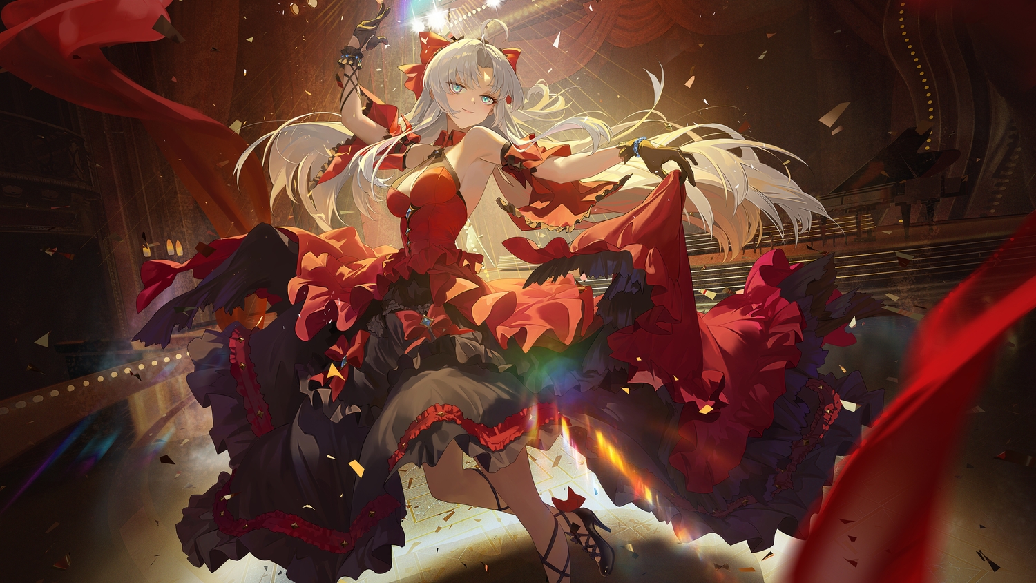 aqua_eyes, bow, breasts, carlotta_(wuthering_waves), cleavage, dress, gloves, gray_hair, instrument, long_hair, piano, skirt_lift, stairs, ttk_(kirinottk), wristwear, wuthering_waves