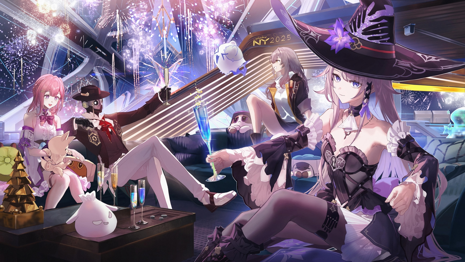 animal, asta_(honkai:_star_rail), boots, bow, braids, choker, couch, drink, garter, glasses, gloves, gray_hair, group, hat, herta_(honkai:_star_rail), honkai_(series), honkai:_star_rail, hood, long_hair, male, necklace, pantyhose, pink_hair, purple_eyes, robot, salmon88, screwllum_(honkai:_star_rail), skirt, stelle_(honkai:_star_rail), suit, trailblazer_(honkai:_star_rail), witch_hat, yellow_eyes