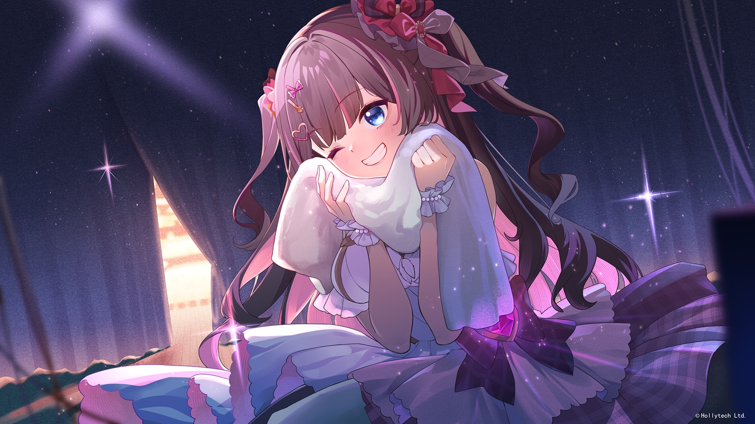 agari_raburi, blue_eyes, blush, bow, brown_hair, dress, long_hair, project-sp