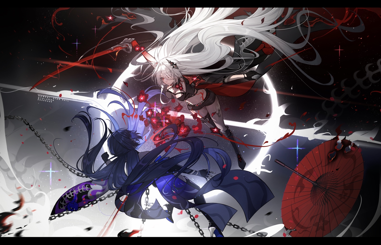 acheron_(honkai:_star_rail), armor, blue_hair, boots, breasts, chain, cleavage, flowers
