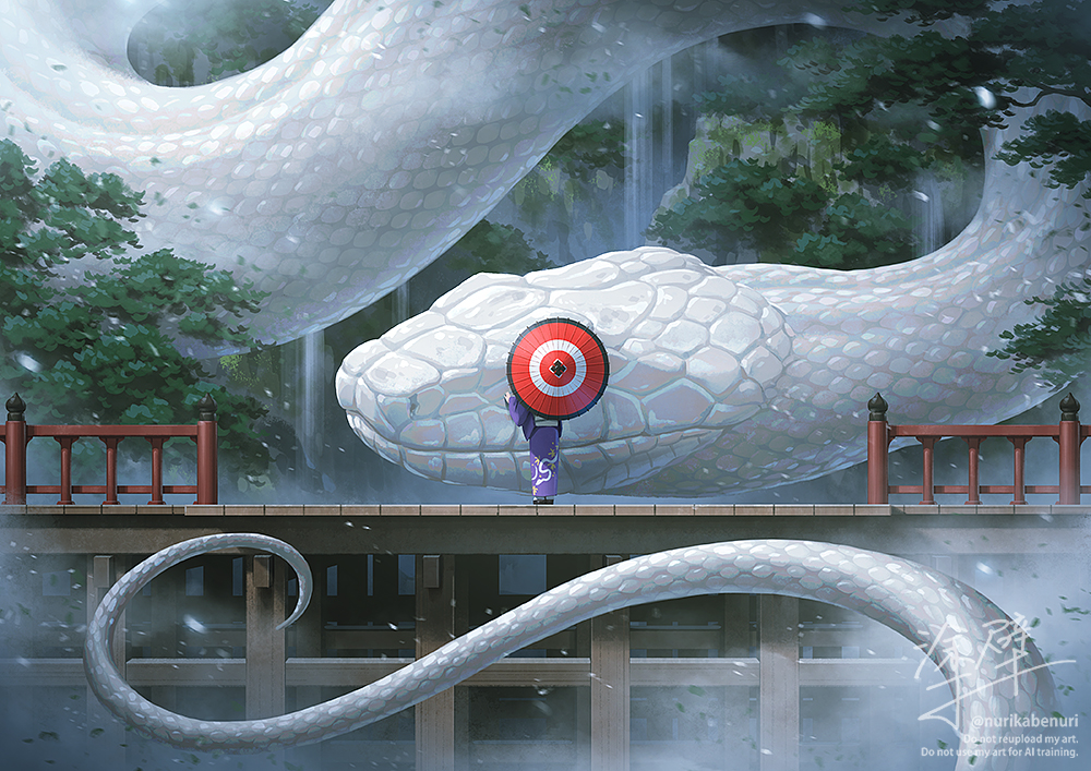 animal, japanese_clothes, kimono, nurikabe_(mictlan-tecuhtli), original, scenic, signed, snake