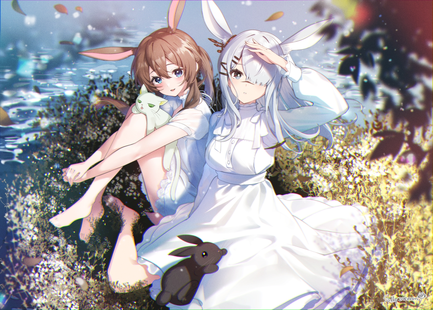 2girls, amiya_(arknights), animal, animal_ears, arknights, barefoot, blue_eyes, brown_hair