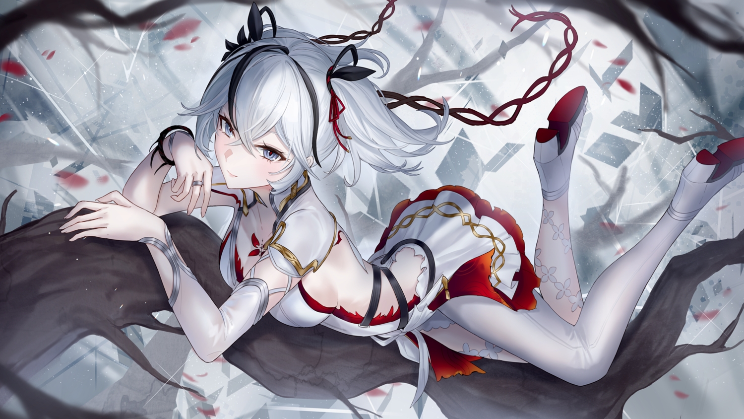 camellya_(wuthering_waves), dress, gray_eyes, gray_hair, kachi, tree, twintails, wristwear