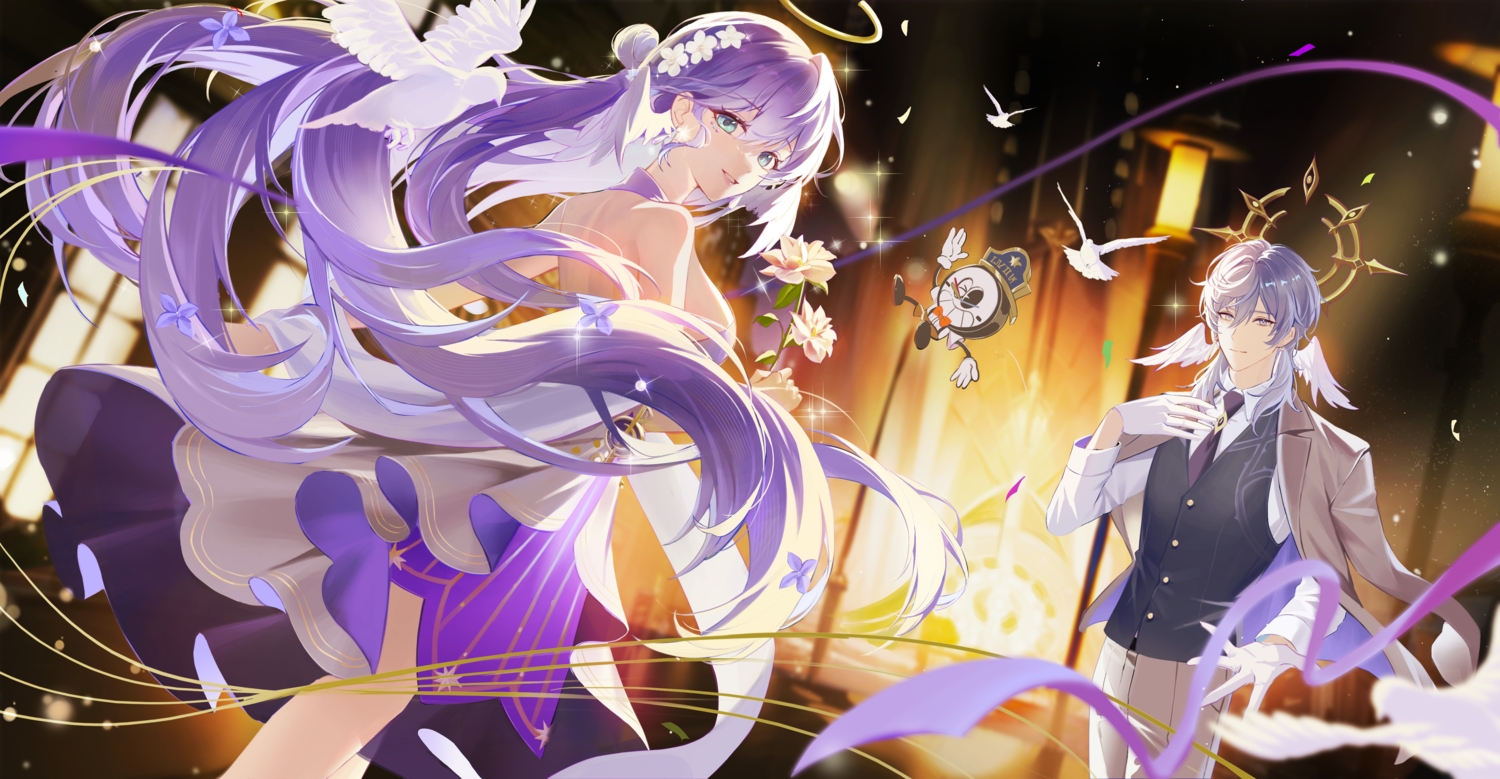 animal, aqua_eyes, bird, cape, dress, flowers, gloves, gray_hair