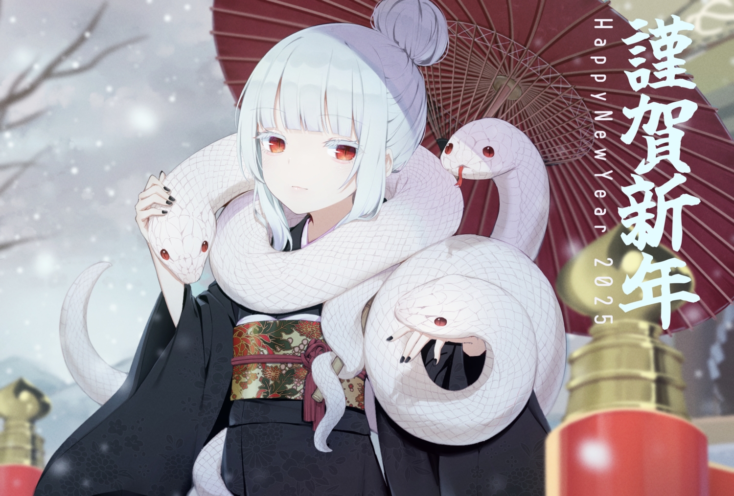 animal, blush, choro_tofu, japanese_clothes, kimono, original, red_eyes, short_hair, snake, snow, tree, umbrella, white_hair, winter