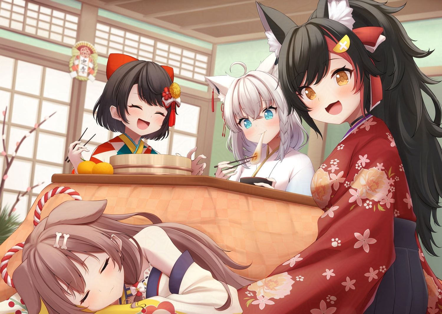 animal_ears, aqua_eyes, black_hair, blush, bow, brown_hair, cat_smile, collar