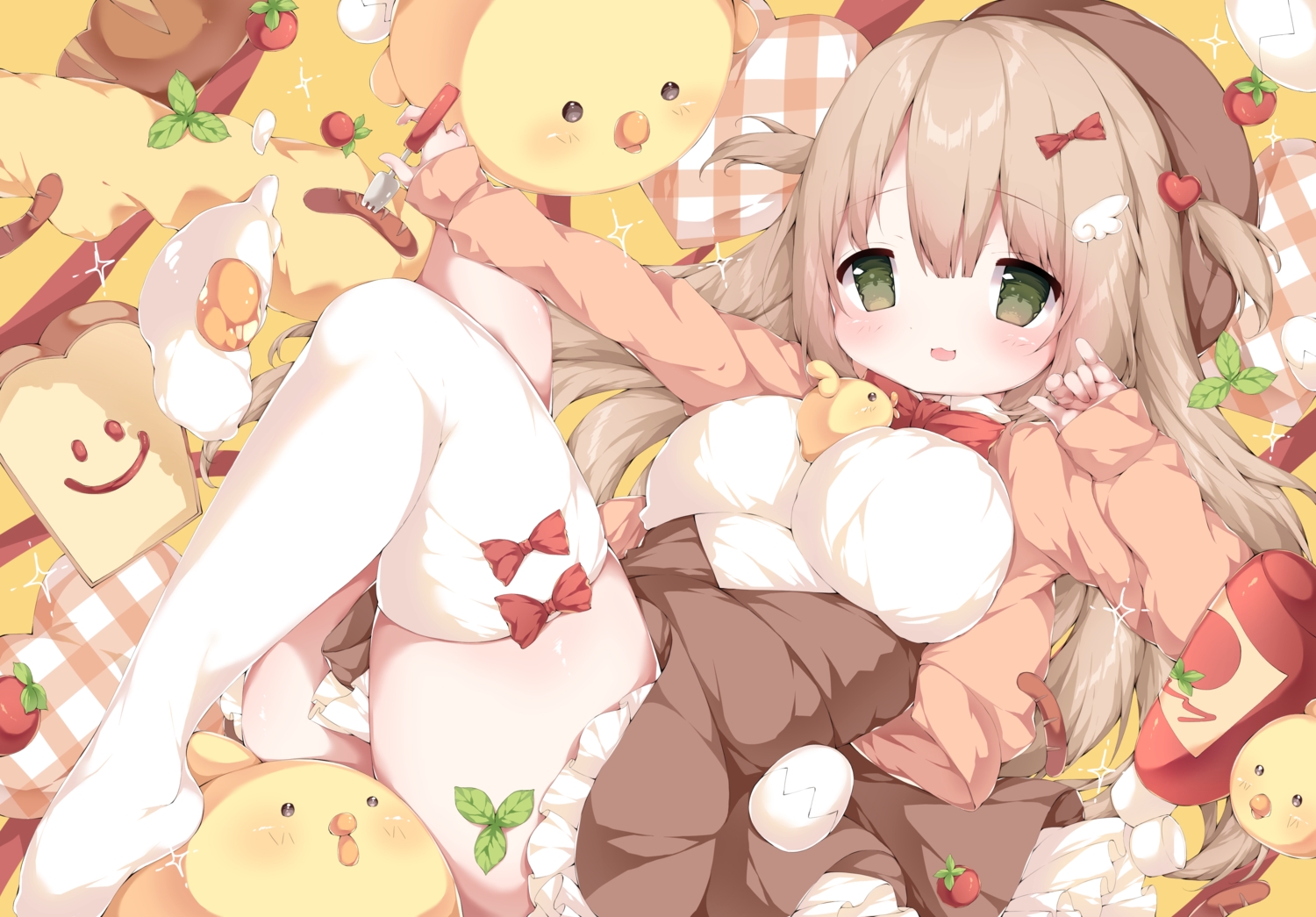 animal, bird, blush, bow, breasts, brown_hair, cat_smile, food, fruit, green_eyes, hamada_pengin, hat, loli, long_hair, original, shirt, skirt, thighhighs, twintails