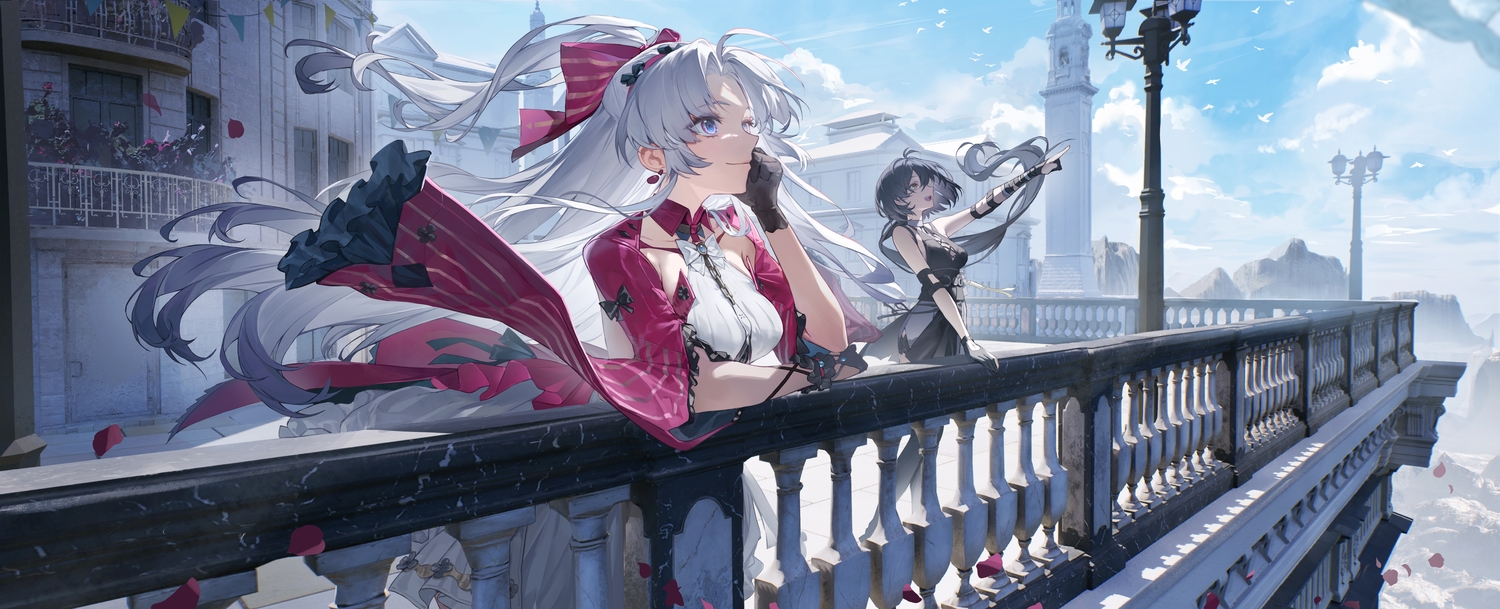 2girls, 3d, black_hair, blue_eyes, bow, breasts, brown_eyes, building