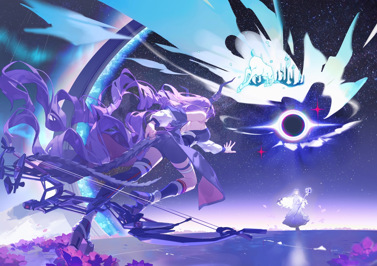 2girls, arknights, ass, bandage, bike_shorts, black_hair, bow_(weapon), cape