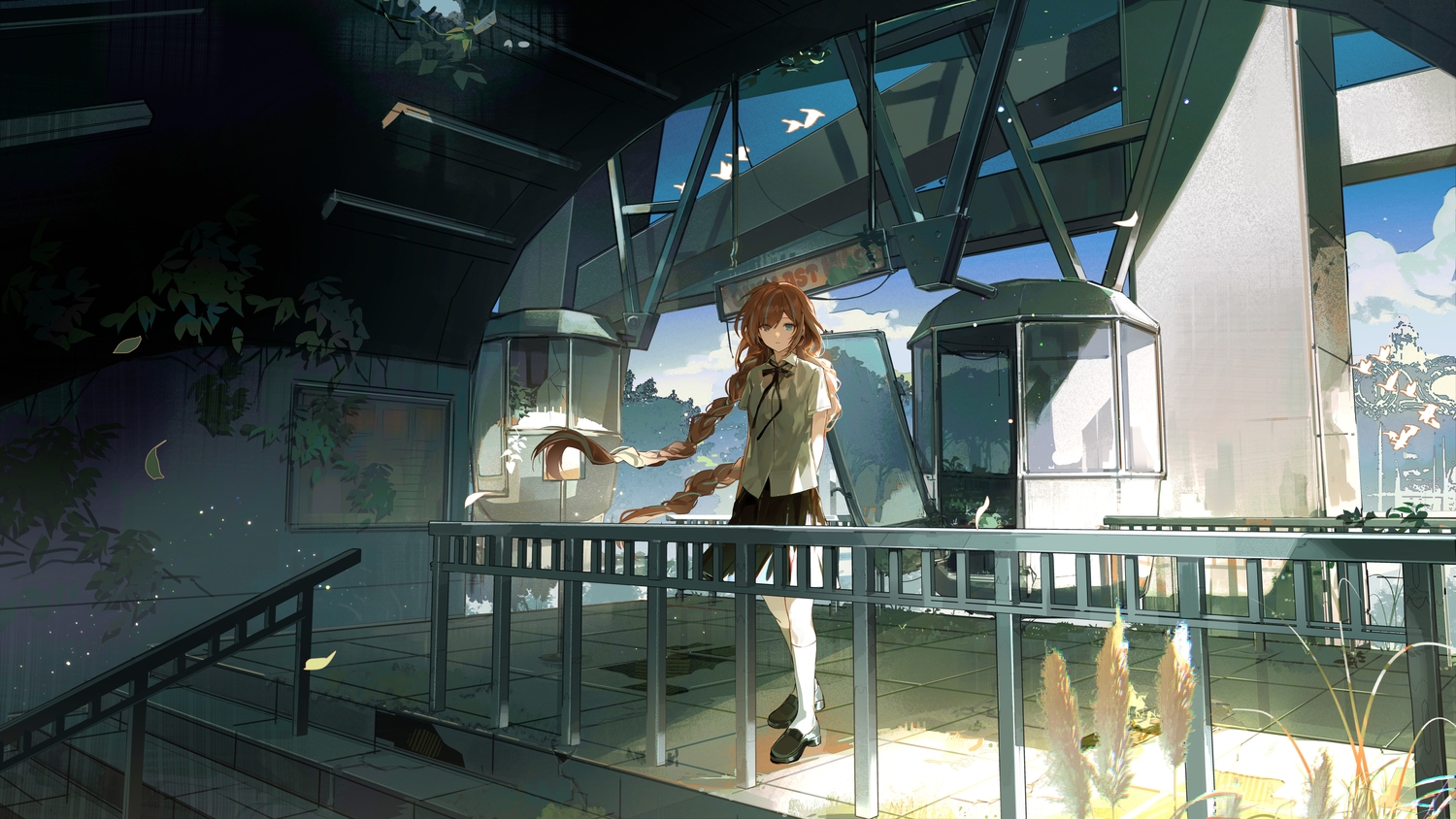 aqua_eyes, bow, braids, brown_hair, clouds, dazbee, grass, indie_virtual_youtuber