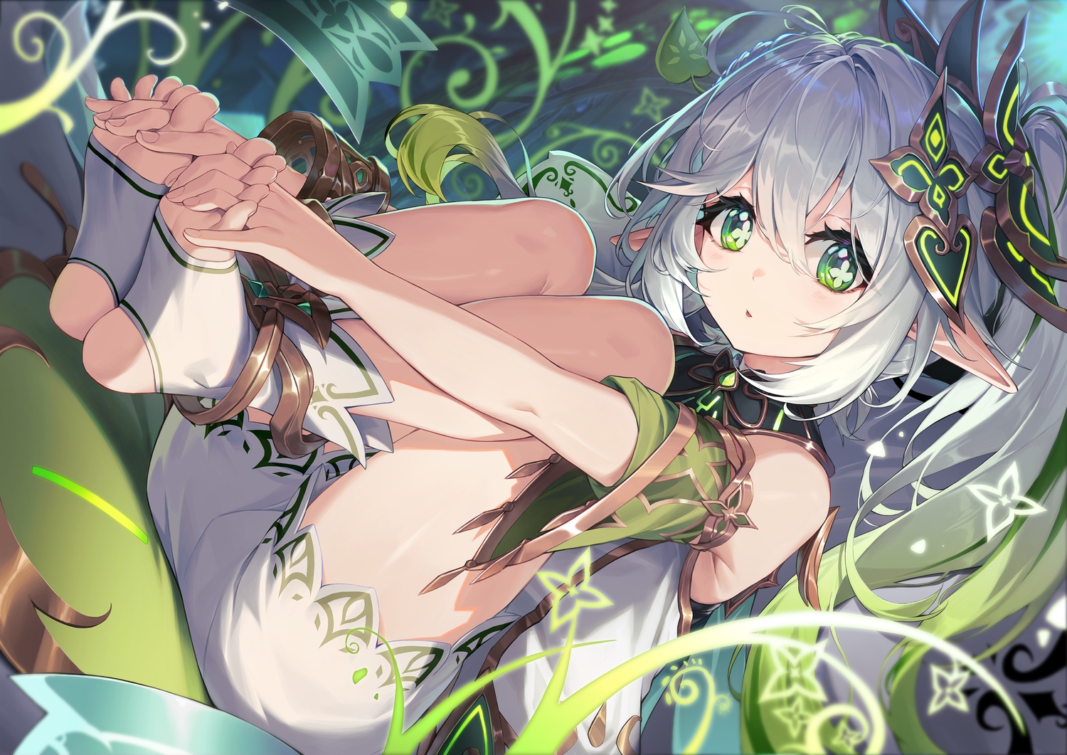 barefoot, bloomers, dress, genshin_impact, gray_hair, green_eyes, loli, long_hair