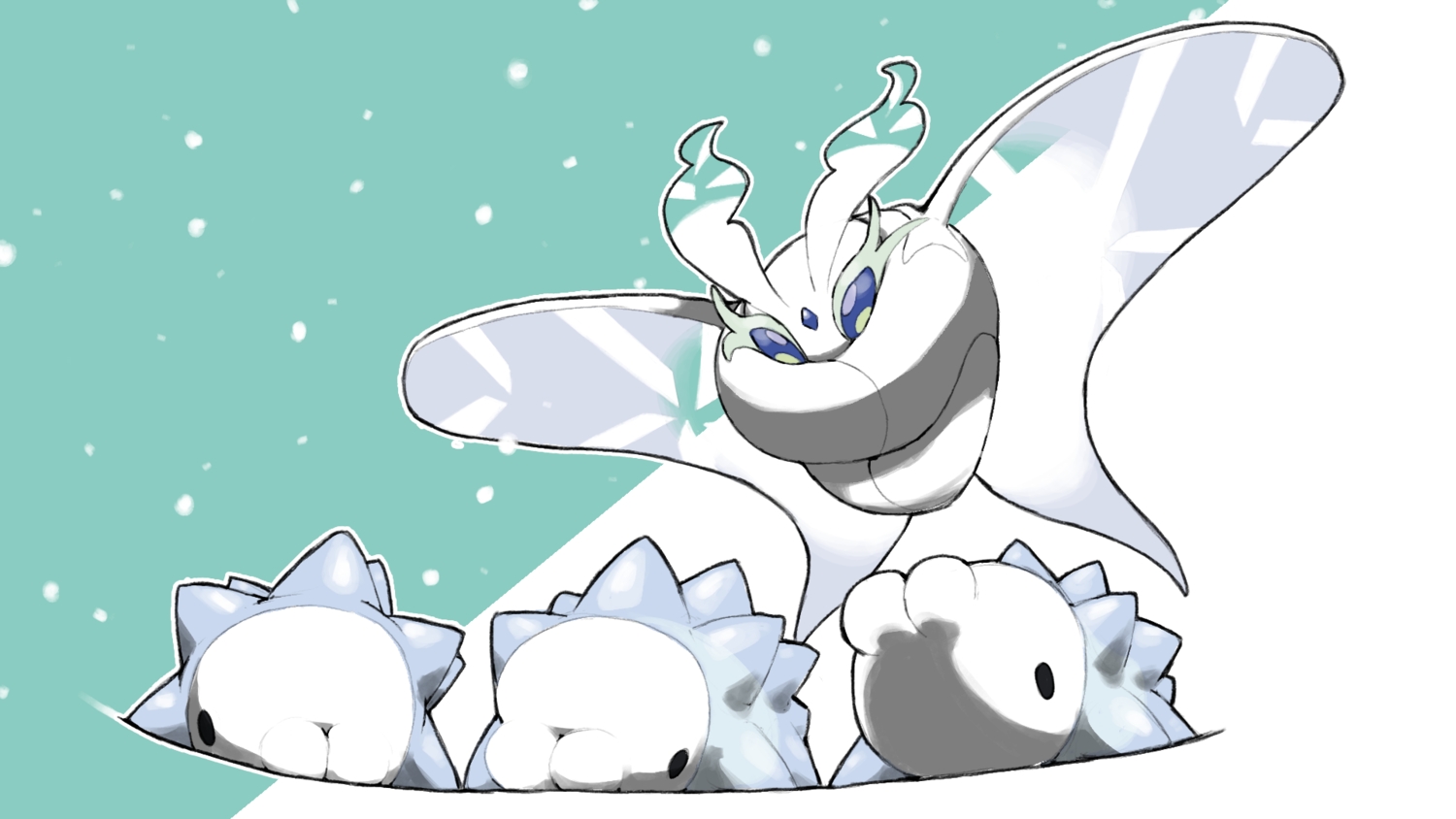 blacknirrow, blue_eyes, frosmoth, no_humans, pokemon, polychromatic, snom, snow