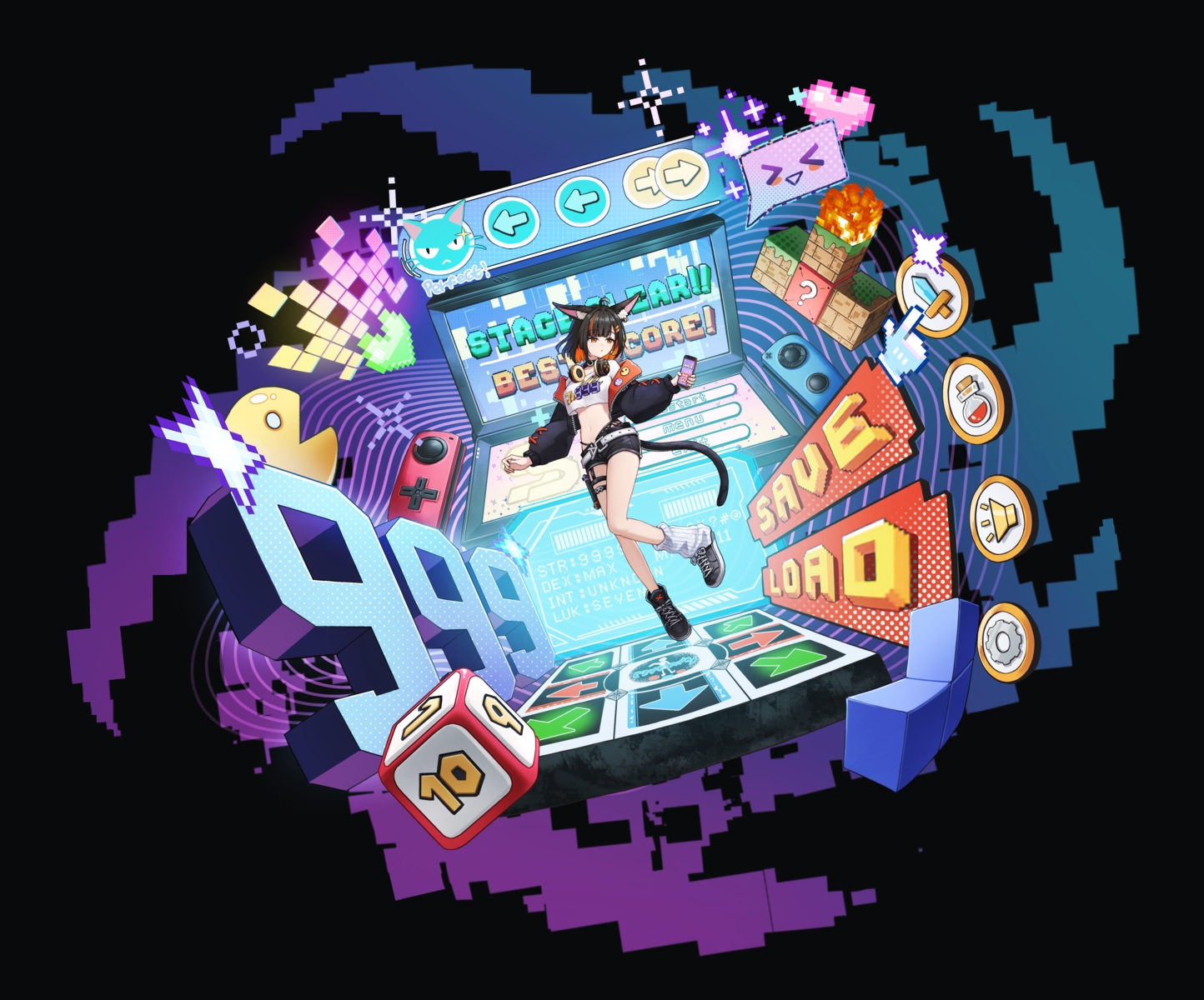 animal_ears, black, black_hair, catgirl, collar, dance_dance_revolution, game_console, garter, headphones, mario_party, minecraft, orange_eyes, original, pacman, phone, pla0658, short_hair, shorts, space_invaders, super_mario_bros, tail