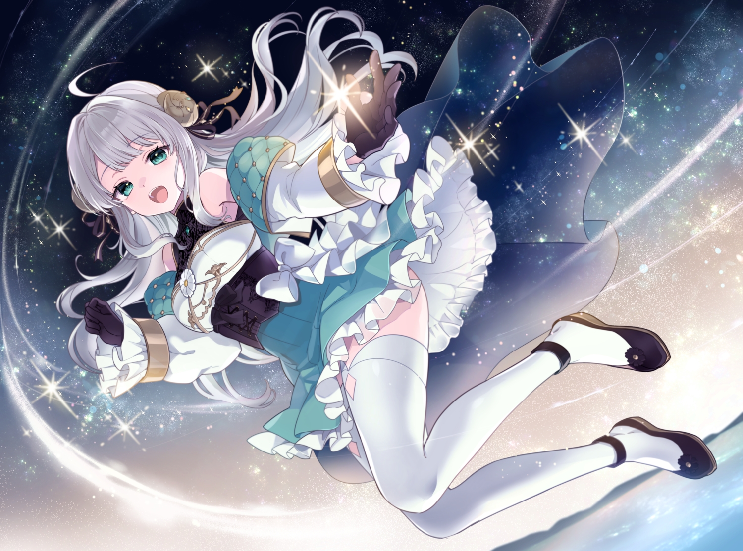 aqua_eyes, corset, cosmo_olimia, dress, gloves, gray_hair, horns, long_hair, momoyama_momo, sky, stars, thighhighs, water
