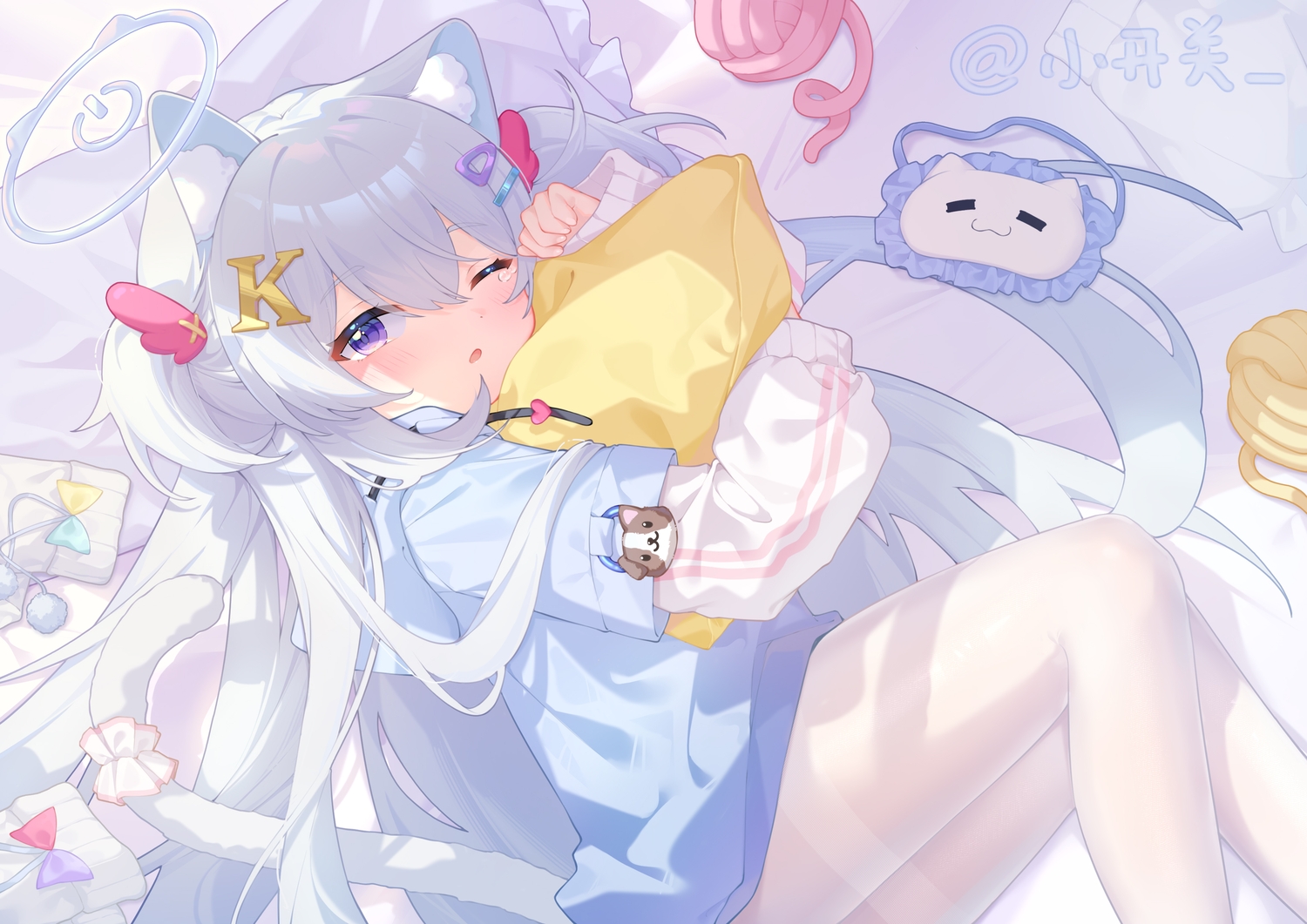akovo, animal_ears, bed, blush, catgirl, gray_hair, halo, hood