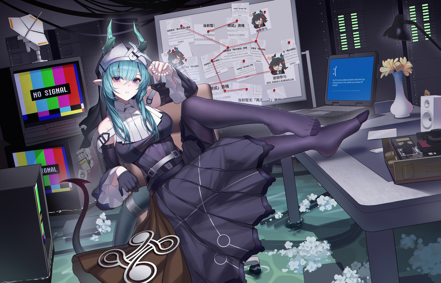 aqua_hair, arknights, blue_eyes, blush, computer, dress, flowers, gloves, headdress, horns, long_hair, pantyhose, paper, pointed_ears, tail, water, wristwear, wuren, xaihi_(arknights)
