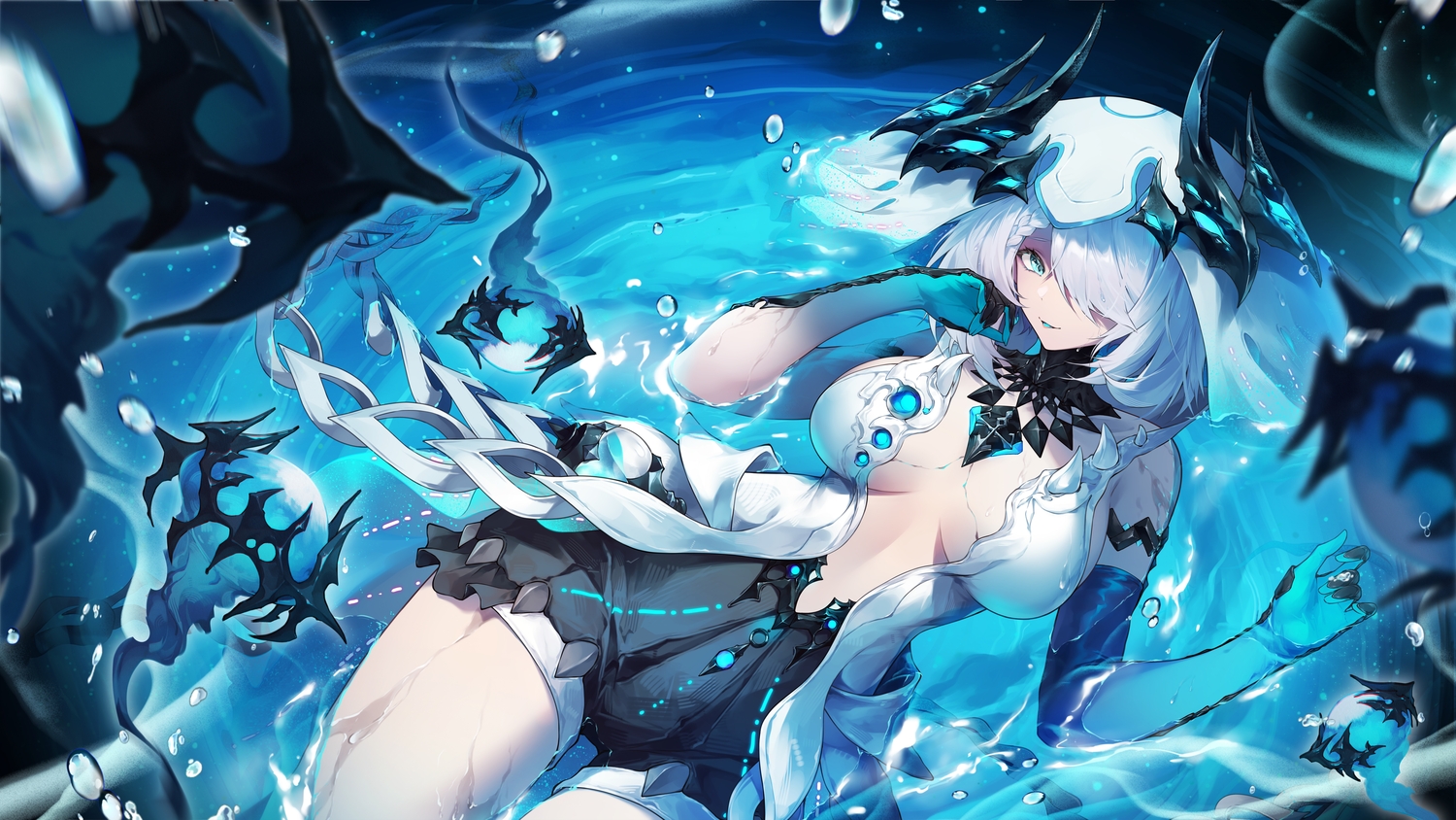 aqua_eyes, braids, breasts, duet_night_abyss, elbow_gloves, gloves, headdress, horns, jiusan_naitan, rebecca_(duet_night_abyss), short_hair, shorts, water, white_hair