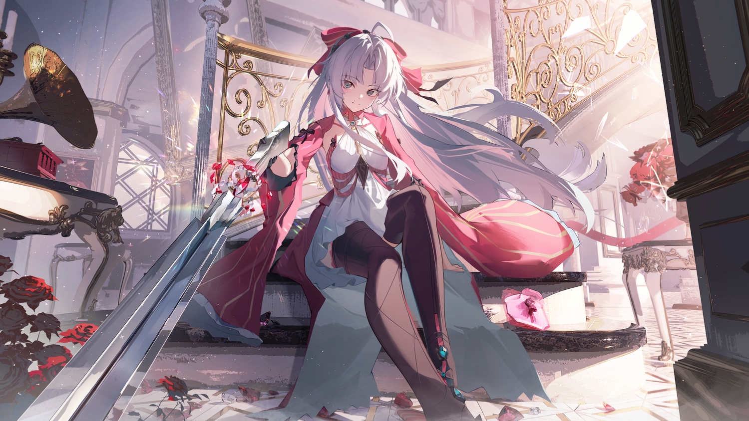 3d, aqua_eyes, boots, bow, carlotta_(wuthering_waves), dress, flowers, gloves, gray_hair, gun, hishiki_(pixi14719710), long_hair, rose, stairs, thighhighs, weapon, wuthering_waves