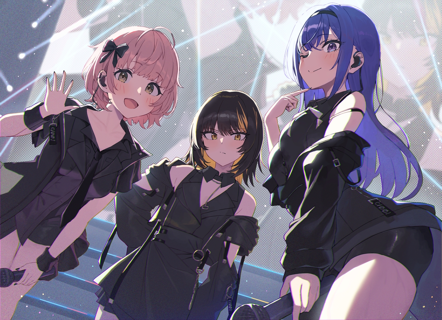 bike_shorts, black_hair, blue_hair, blush, bow, brown_eyes, dress, flat_chest