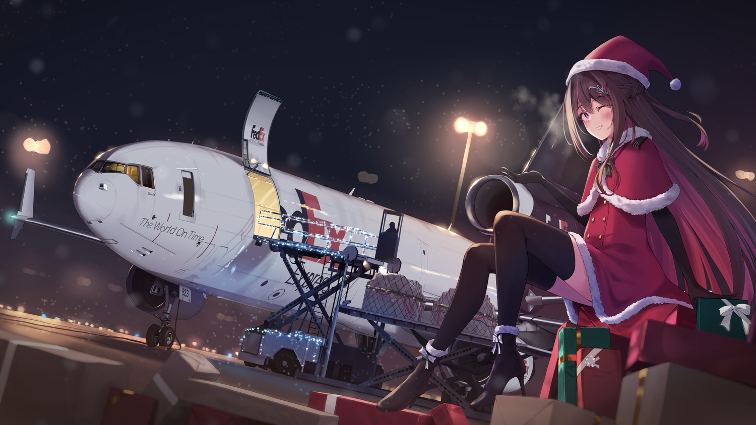 aircraft, azki_(hololive), blush, bow, braids, brown_hair, cape, christmas, dress, elbow_gloves, fedex, gloves, hat, hololive, long_hair, night, png_pant_(bus), ponytail, purple_eyes, santa_costume, santa_hat, thighhighs, wink