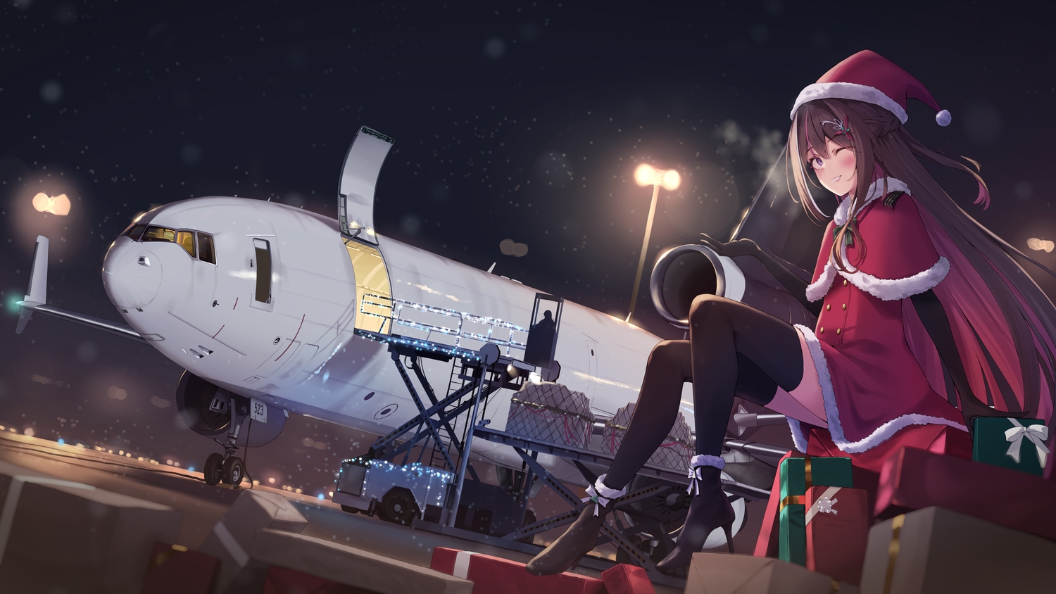 aircraft, azki_(hololive), blush, bow, braids, brown_hair, cape, christmas