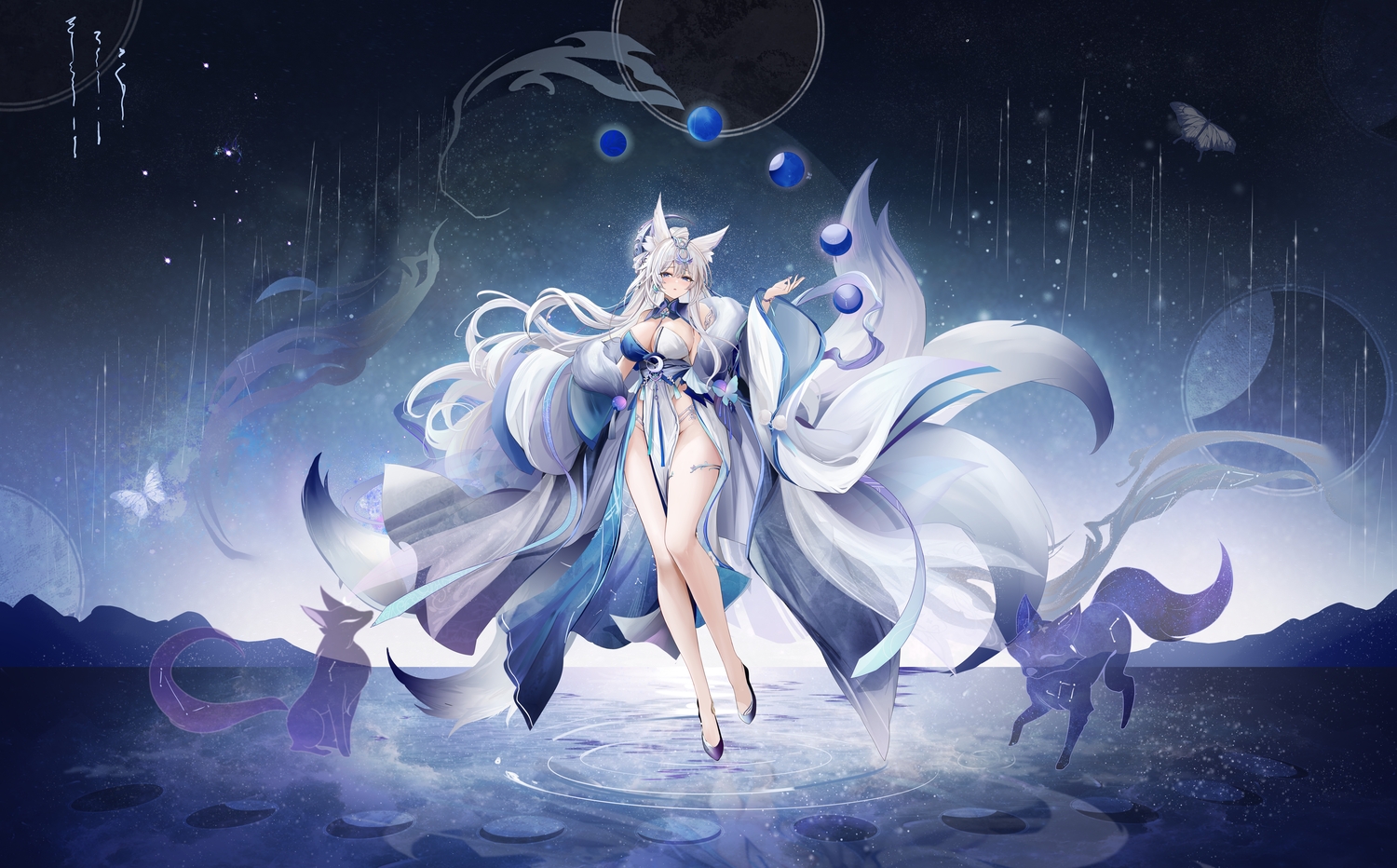 animal, animal_ears, anthropomorphism, azur_lane, banchiyuebai, blue, blue_eyes, breasts, butterfly, cleavage, fox, foxgirl, garter, headdress, japanese_clothes, kimono, long_hair, moon, multiple_tails, reflection, shinano_(azur_lane), sky, tail, water, white_hair, wristwear