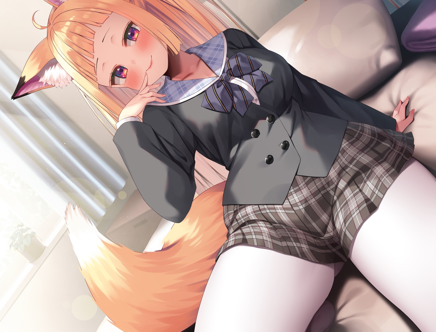 animal_ears, asa_no_ha, bed, blush, bow, foxgirl, long_hair, orange_hair