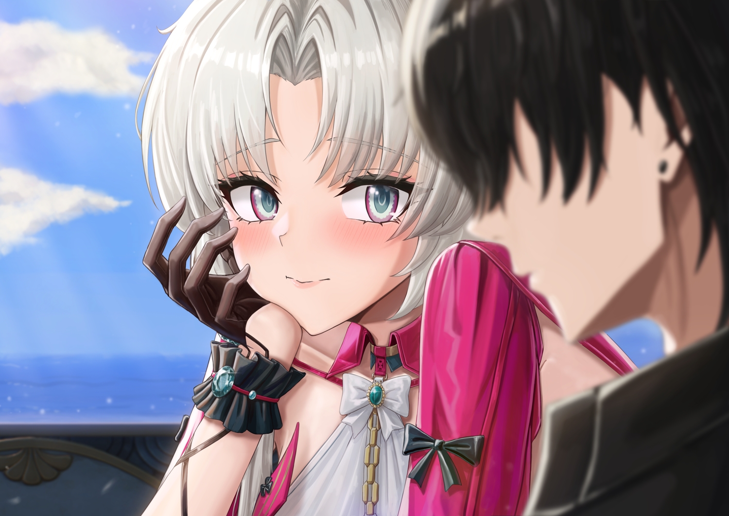 black_hair, blush, bow, carlotta_(wuthering_waves), close, clouds, commonalty, dress