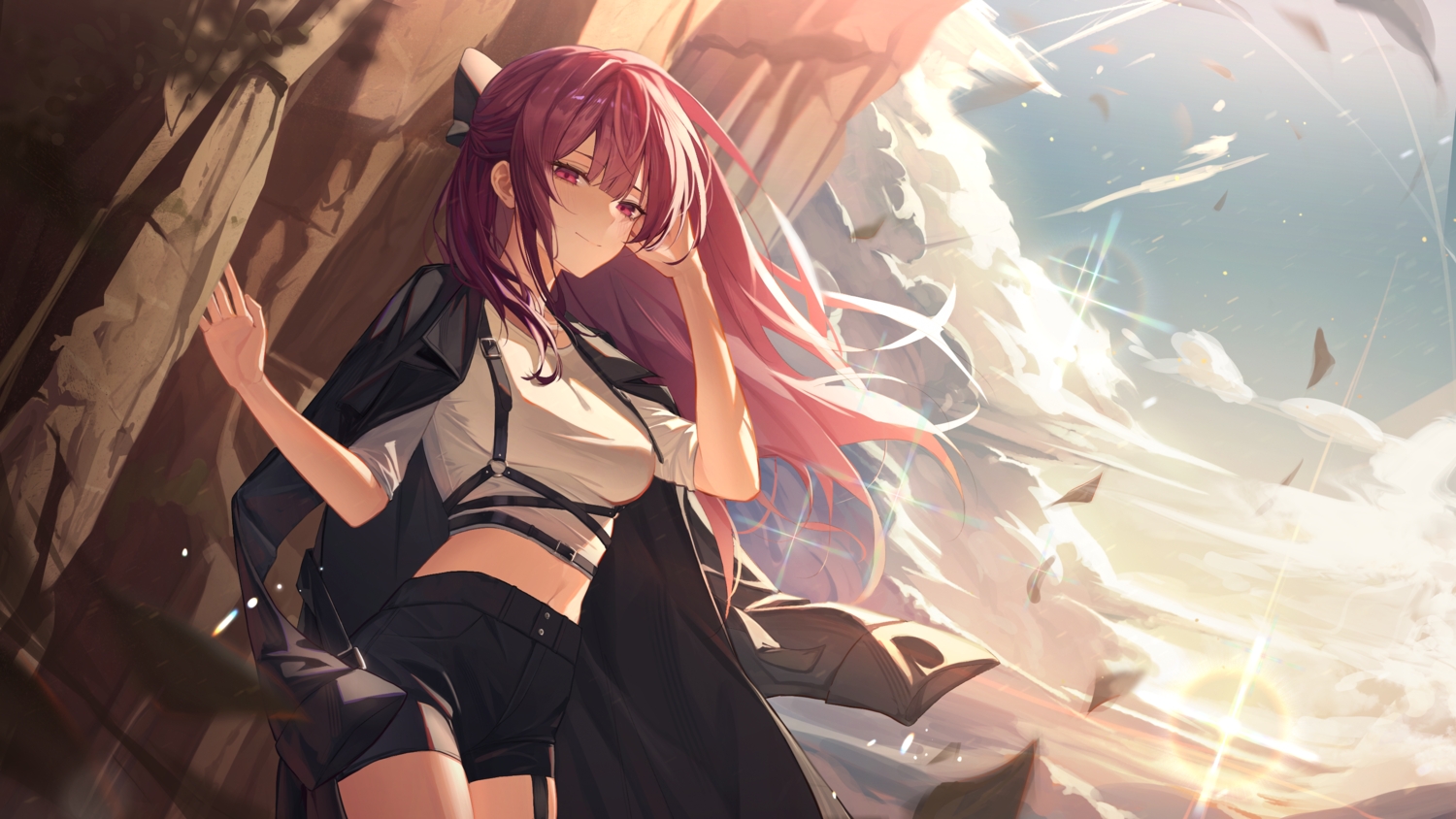 blush, bow, cape, clouds, dust_(mth), garter, jururu, long_hair