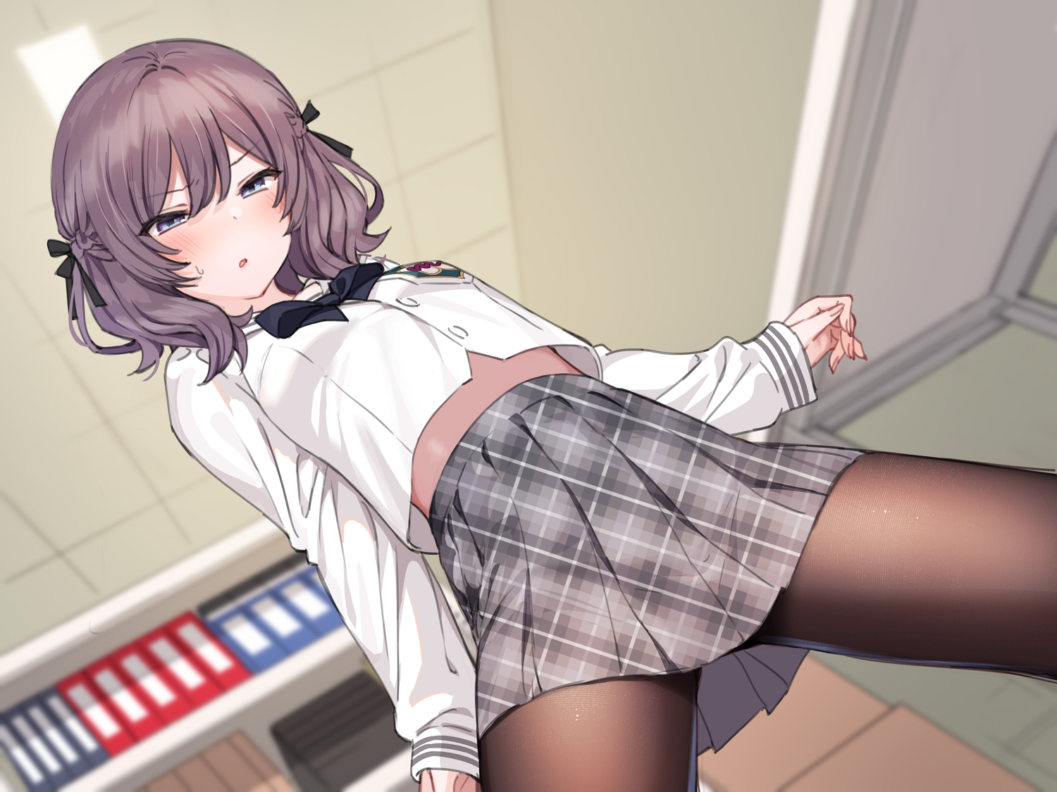 blush, book, bow, braids, brown_hair, flat_chest, mankai_kaika, original