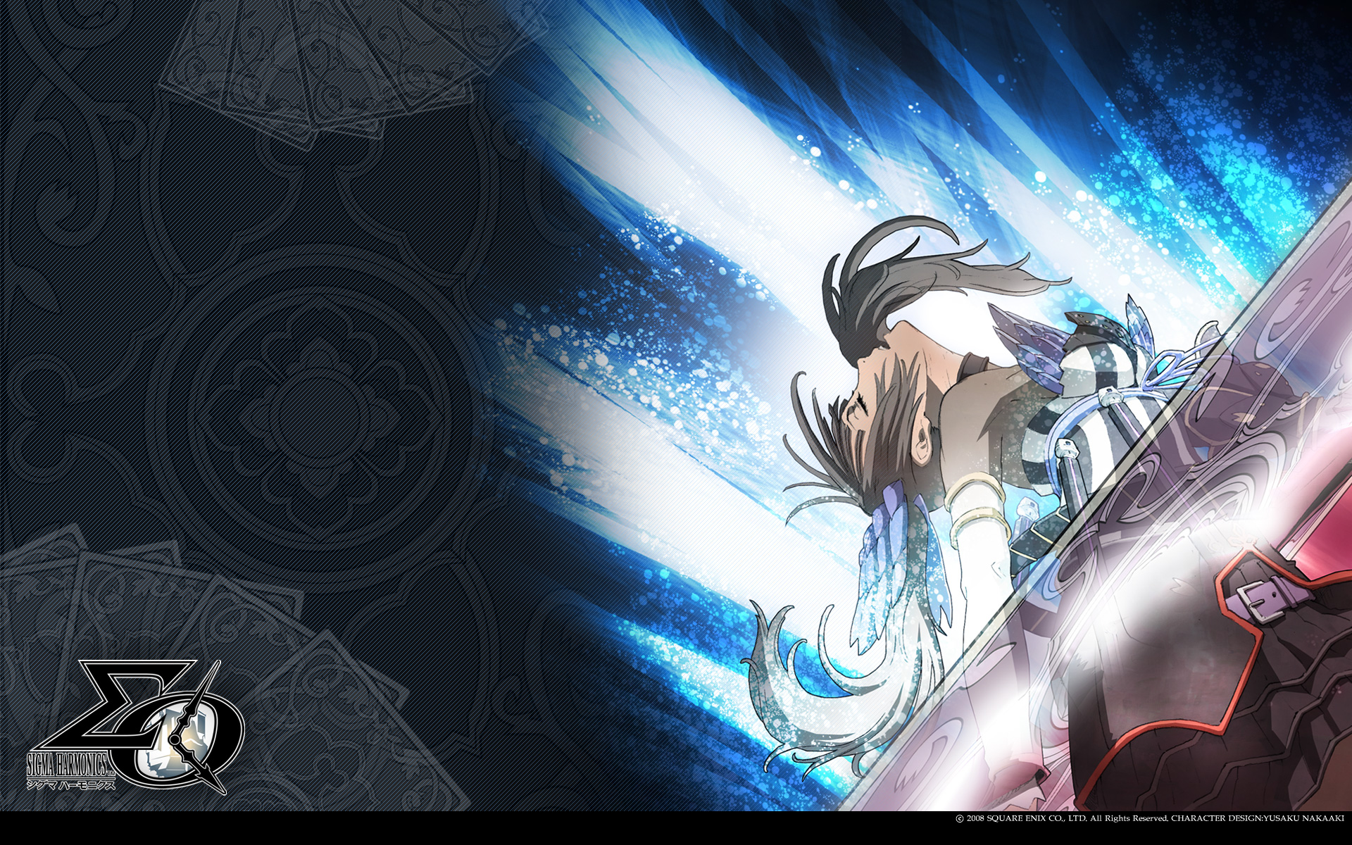 brown_hair, logo, long_hair, magic, sigma_harmonics, skirt, tsukiyumi_neon, watermark, yusaku_nakaaki